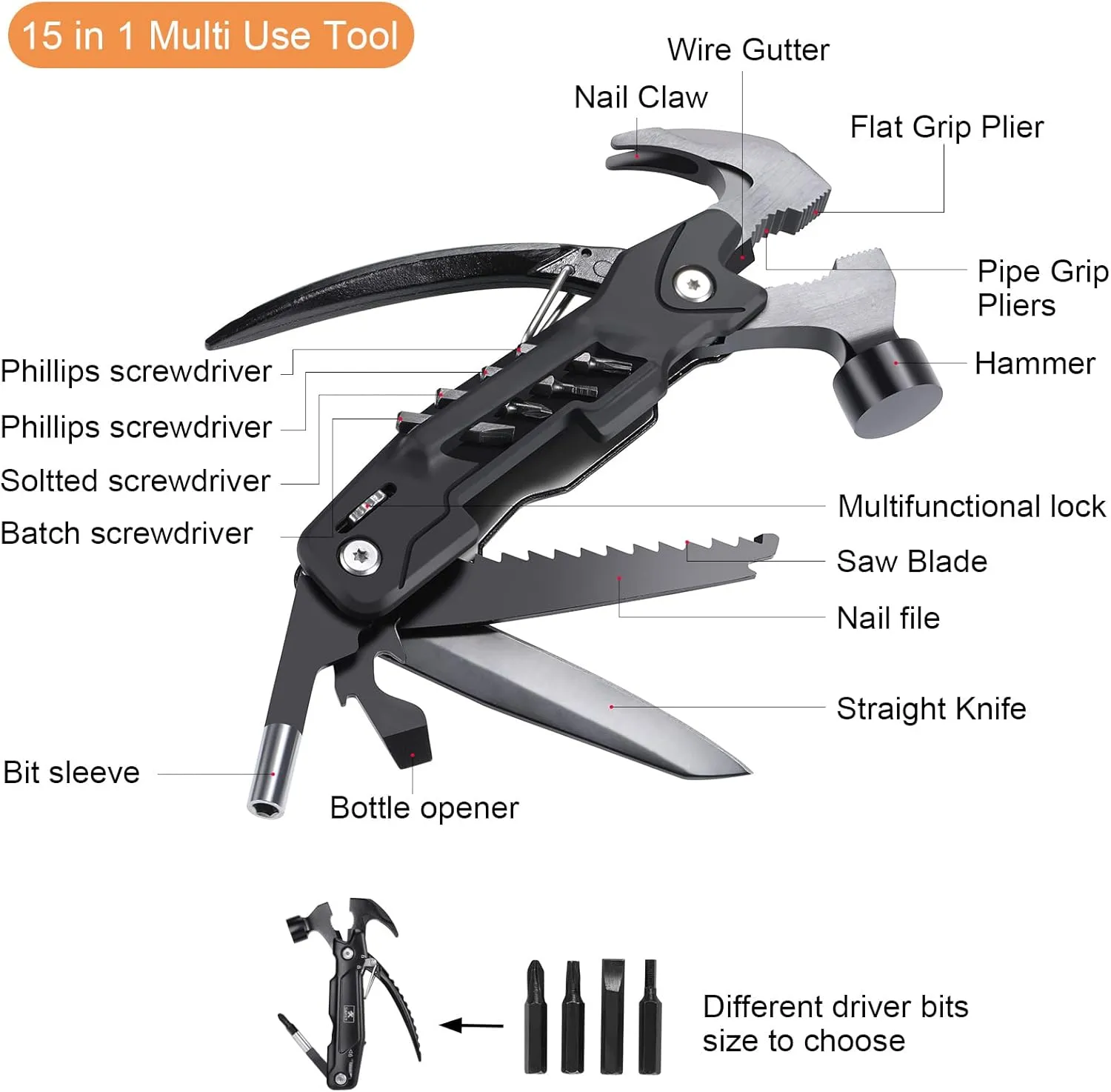 Multi-Tool Hammer Multi-Functional 15 in 1 Mini Pliers Camping Gear Survival Tool for Men, DIY Handyman, Father/Dad, Husband, Boyfriend, Women, All in One Survival Tools Small Hammer Multitool