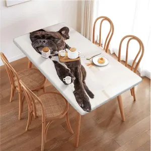 Multicolor Elastic Edge Fitted Tablecloth, French Bulldog Sleeping with Floral Rectangle Table Cover for Outdoor Picnic Camping Parties Animal Fits up 4 Foot Tables