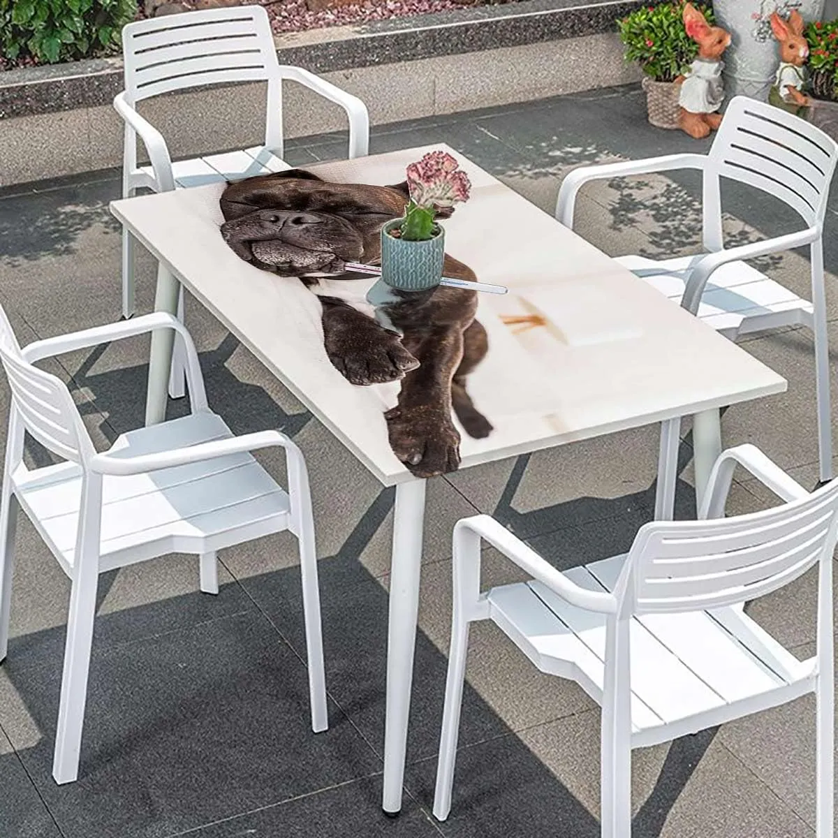Multicolor Elastic Edge Fitted Tablecloth, French Bulldog Sleeping with Floral Rectangle Table Cover for Outdoor Picnic Camping Parties Animal Fits up 4 Foot Tables