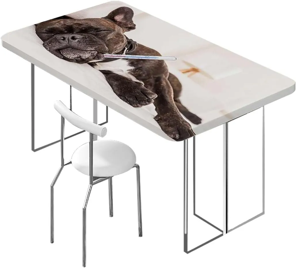 Multicolor Elastic Edge Fitted Tablecloth, French Bulldog Sleeping with Floral Rectangle Table Cover for Outdoor Picnic Camping Parties Animal Fits up 4 Foot Tables
