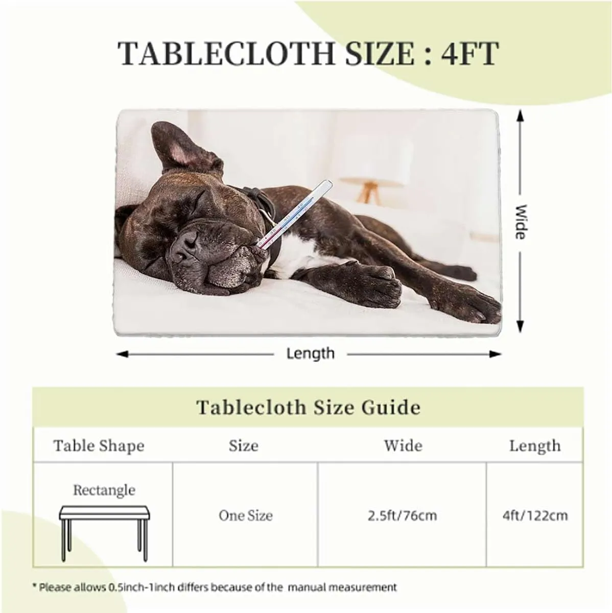 Multicolor Elastic Edge Fitted Tablecloth, French Bulldog Sleeping with Floral Rectangle Table Cover for Outdoor Picnic Camping Parties Animal Fits up 4 Foot Tables