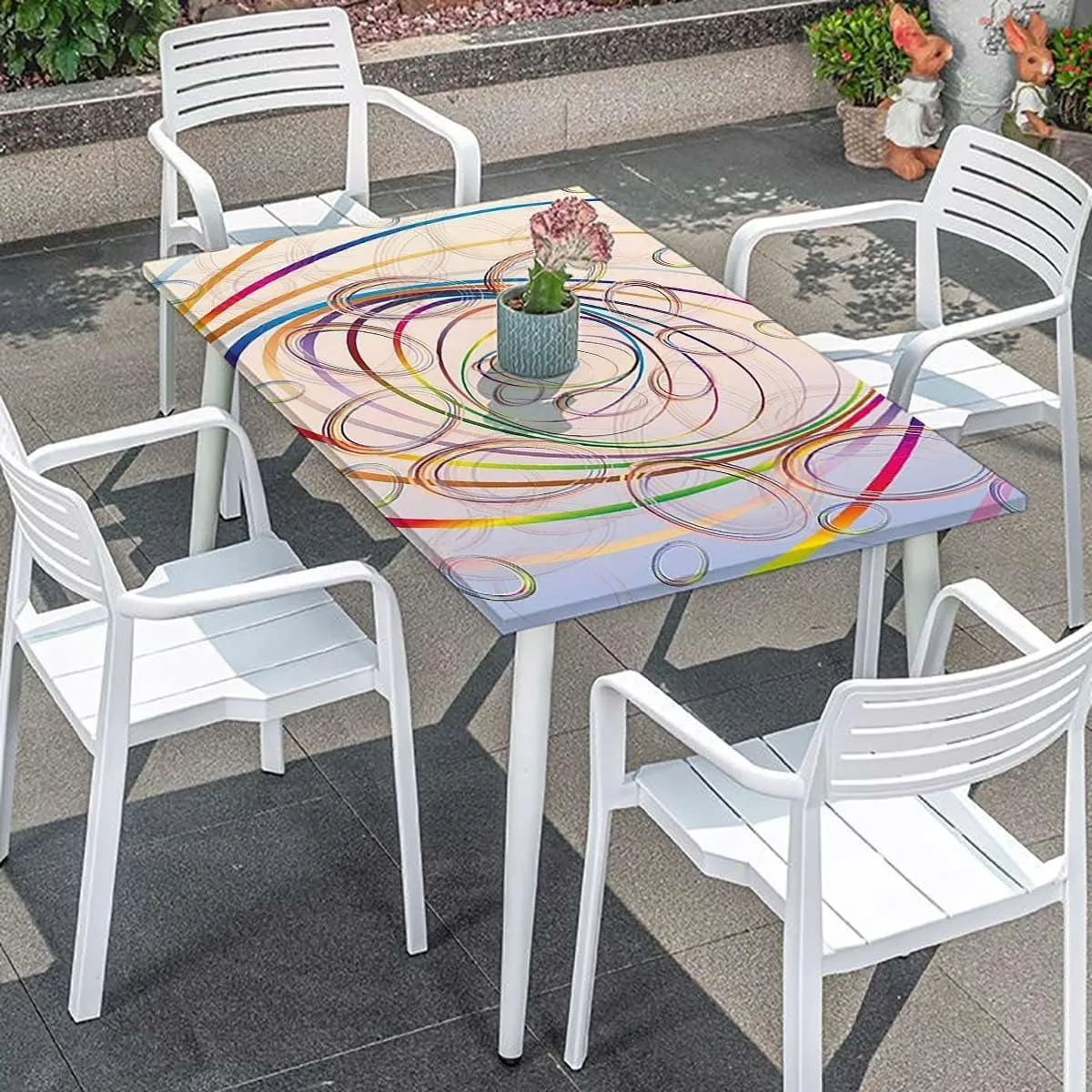 Multicolor Elastic Fitted Tablecloths, Smoky Wavy Floral with Rainbow Tablecloth Fitted Rectangle Elastic Edged Table Cover Waterproof ?Fabric Abstract Fits up 5 Foot Tables