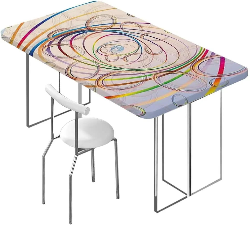 Multicolor Elastic Fitted Tablecloths, Smoky Wavy Floral with Rainbow Tablecloth Fitted Rectangle Elastic Edged Table Cover Waterproof ?Fabric Abstract Fits up 5 Foot Tables
