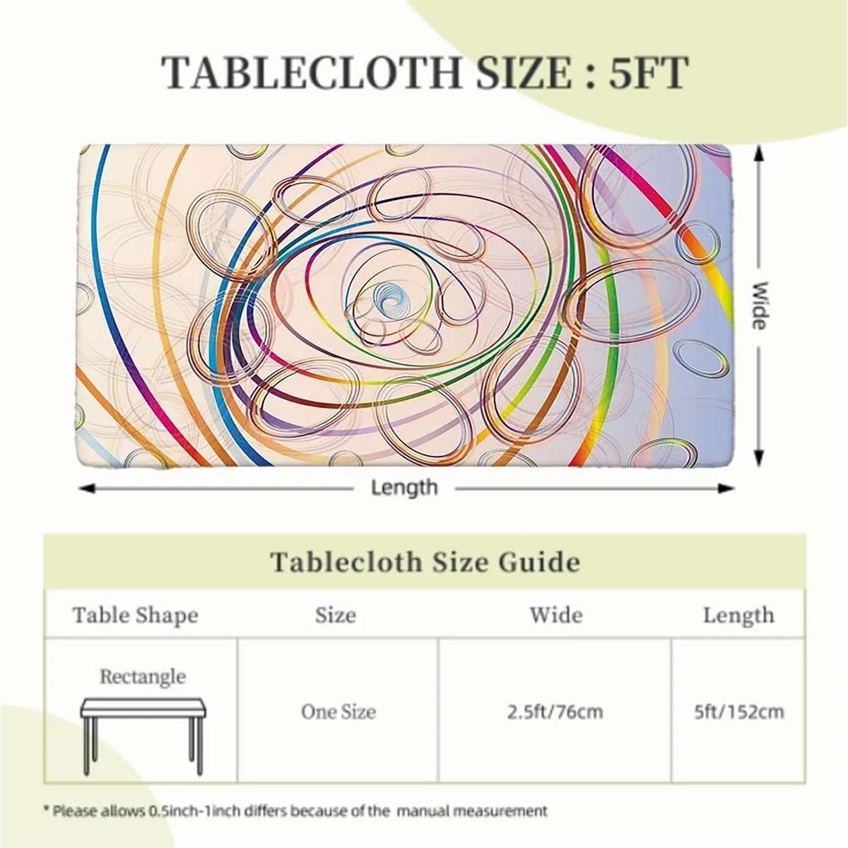 Multicolor Elastic Fitted Tablecloths, Smoky Wavy Floral with Rainbow Tablecloth Fitted Rectangle Elastic Edged Table Cover Waterproof ?Fabric Abstract Fits up 5 Foot Tables