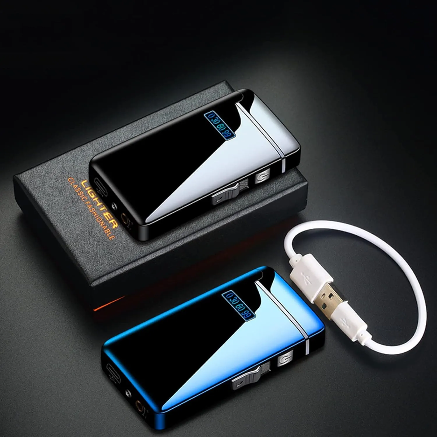 Multifunctional Lighter Arc Inflatable 2 Ignition Switches Man Female Fashion Outdoor Windproof Metal USB Box (K)