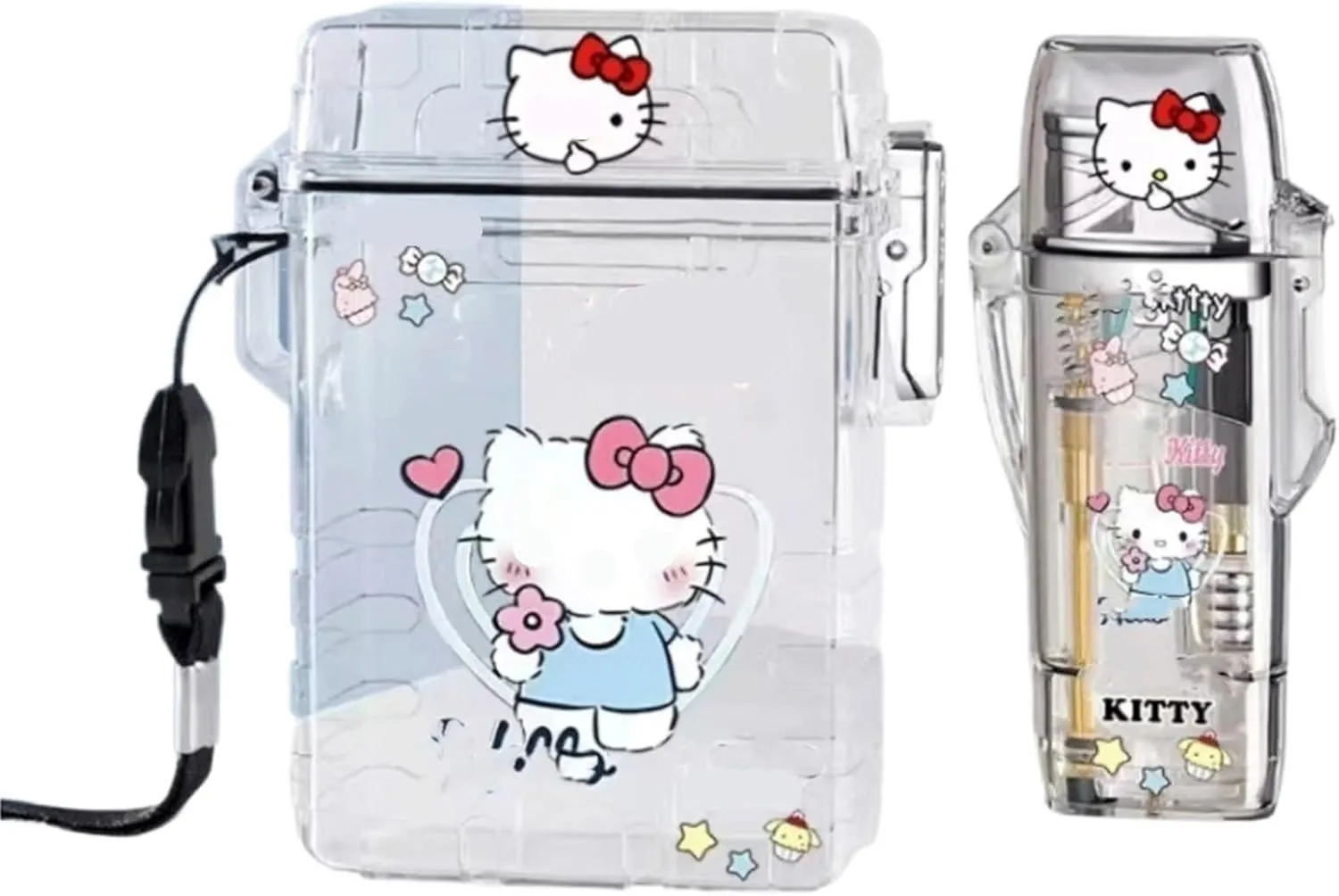 Multifunctional lighter combination, can hold 20 cigarettes, windproof pink flame lighter, butane torch lighter with transparent cigarette case, butane gas lighter, waterproof, pressure-resistant, lar