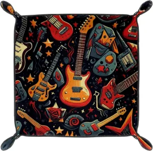 Music Electric Guitar Microfiber Leather Dice Trays Folding for RPG DND Table Games, Leather Dice Holder Storage Box Portable Folding Rolling Dice Tray, 16x16cm