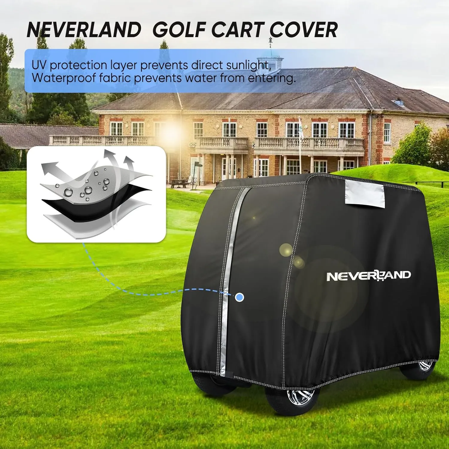 NEVERLAND Golf Cart Cover - Waterproof Golf Cart Covers - Fits for Yamaha Golf Carts EZ GO Club Car - Outdoor Windproof Sunproof