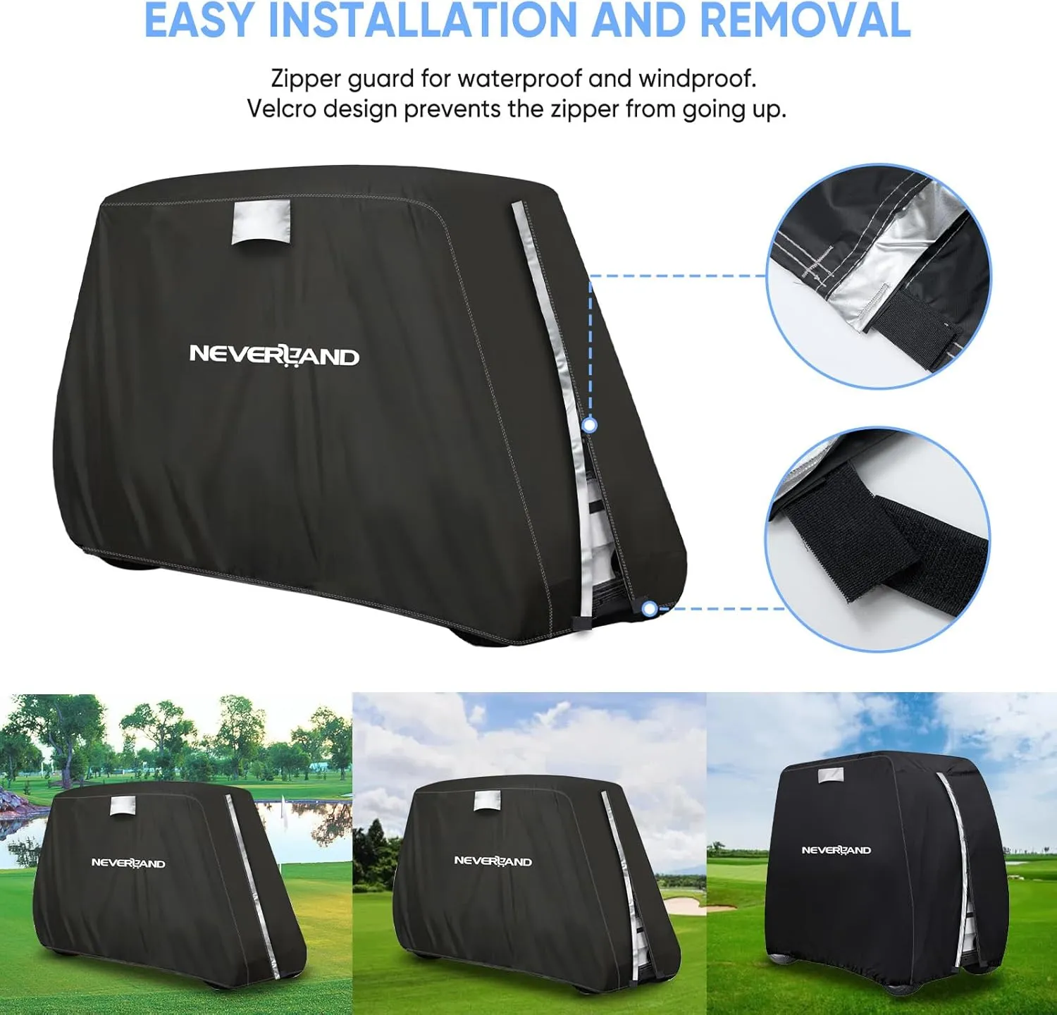 NEVERLAND Golf Cart Cover - Waterproof Golf Cart Covers - Fits for Yamaha Golf Carts EZ GO Club Car - Outdoor Windproof Sunproof