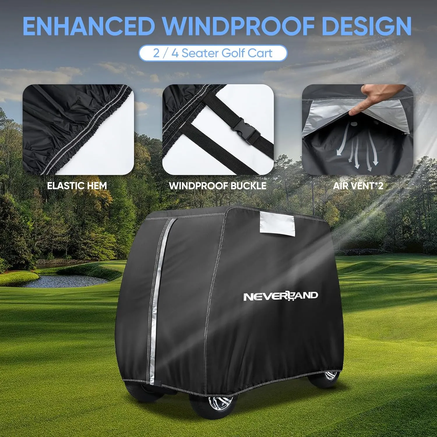 NEVERLAND Golf Cart Cover - Waterproof Golf Cart Covers - Fits for Yamaha Golf Carts EZ GO Club Car - Outdoor Windproof Sunproof