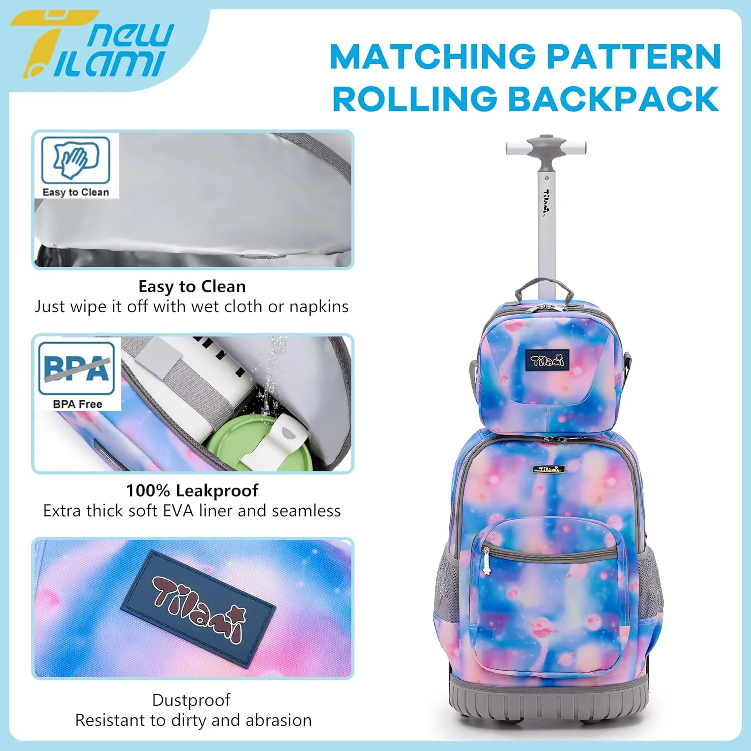 NEW TILAMI 18 inch Kids Rolling Backpack for School with Big Storage, Waterproof, Adjustable Handle - Perfect for Girls & Boys, Blue Star