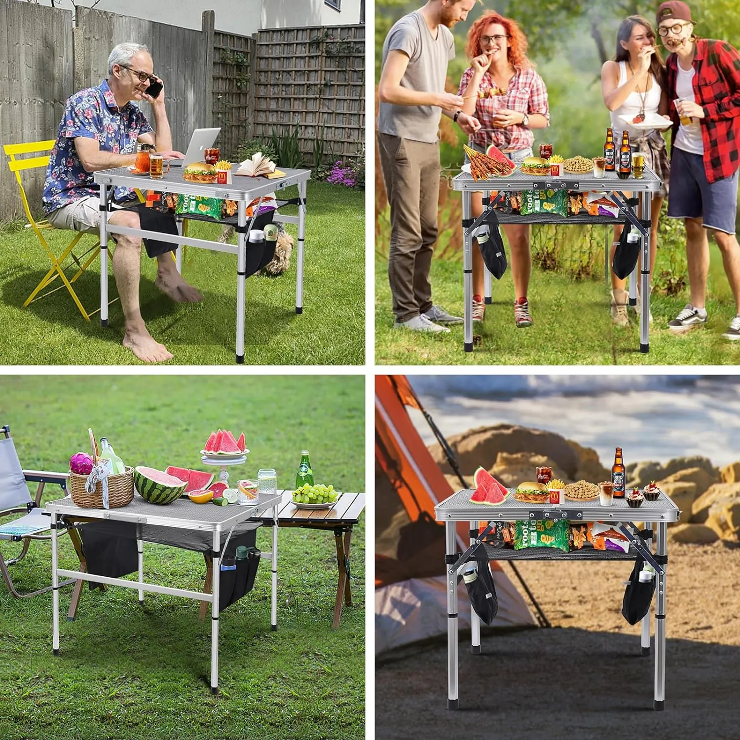Nice C Square Table for Grill, Folding Table, Camping Table, Outdoor Table, Card Table, Height Adjustable, Mesh Bag Lightweight, Carry Handle, Aluminum (23.6"x23.6" White)