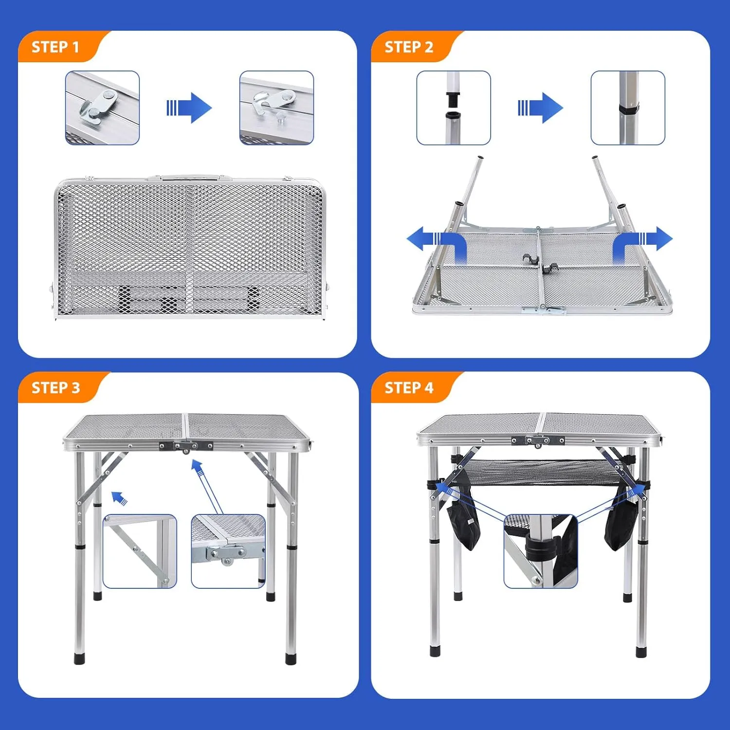 Nice C Square Table for Grill, Folding Table, Camping Table, Outdoor Table, Card Table, Height Adjustable, Mesh Bag Lightweight, Carry Handle, Aluminum (23.6"x23.6" White)