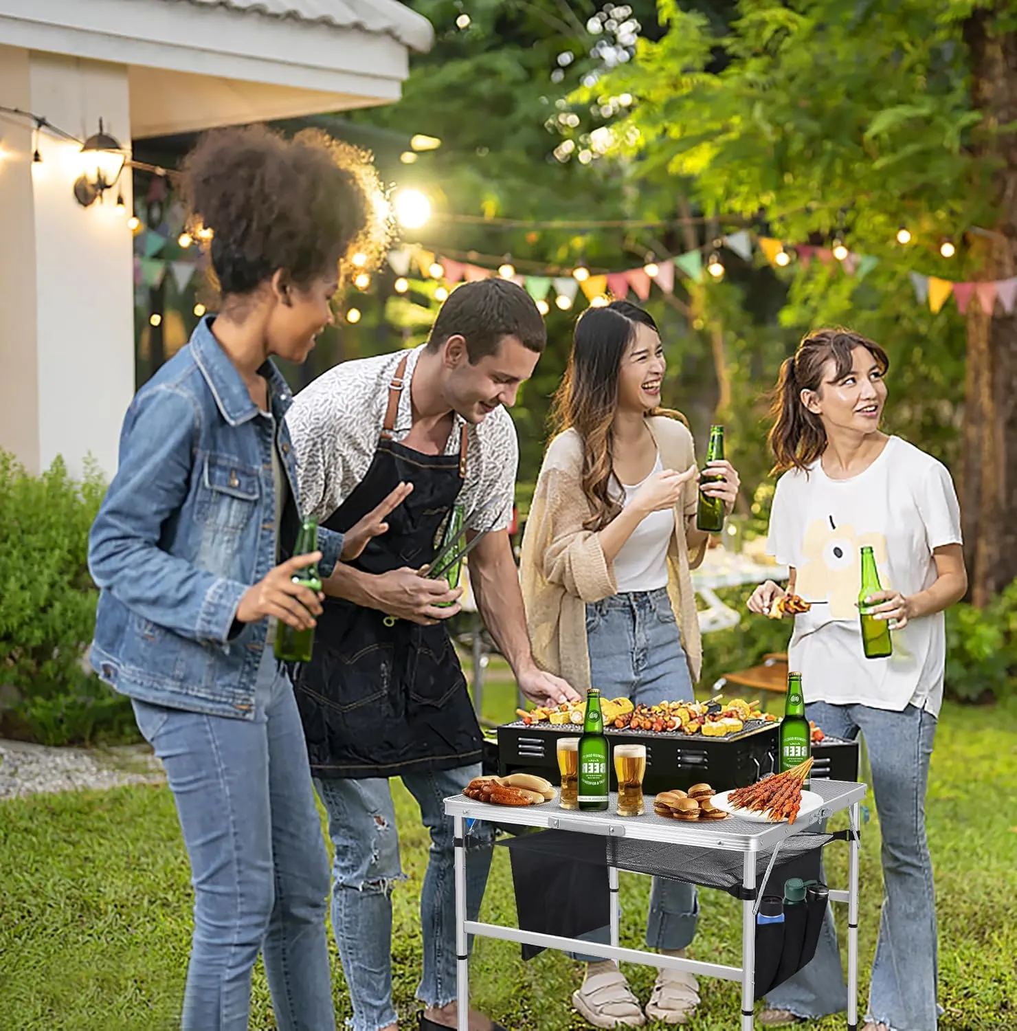Nice C Square Table for Grill, Folding Table, Camping Table, Outdoor Table, Card Table, Height Adjustable, Mesh Bag Lightweight, Carry Handle, Aluminum (23.6"x23.6" White)