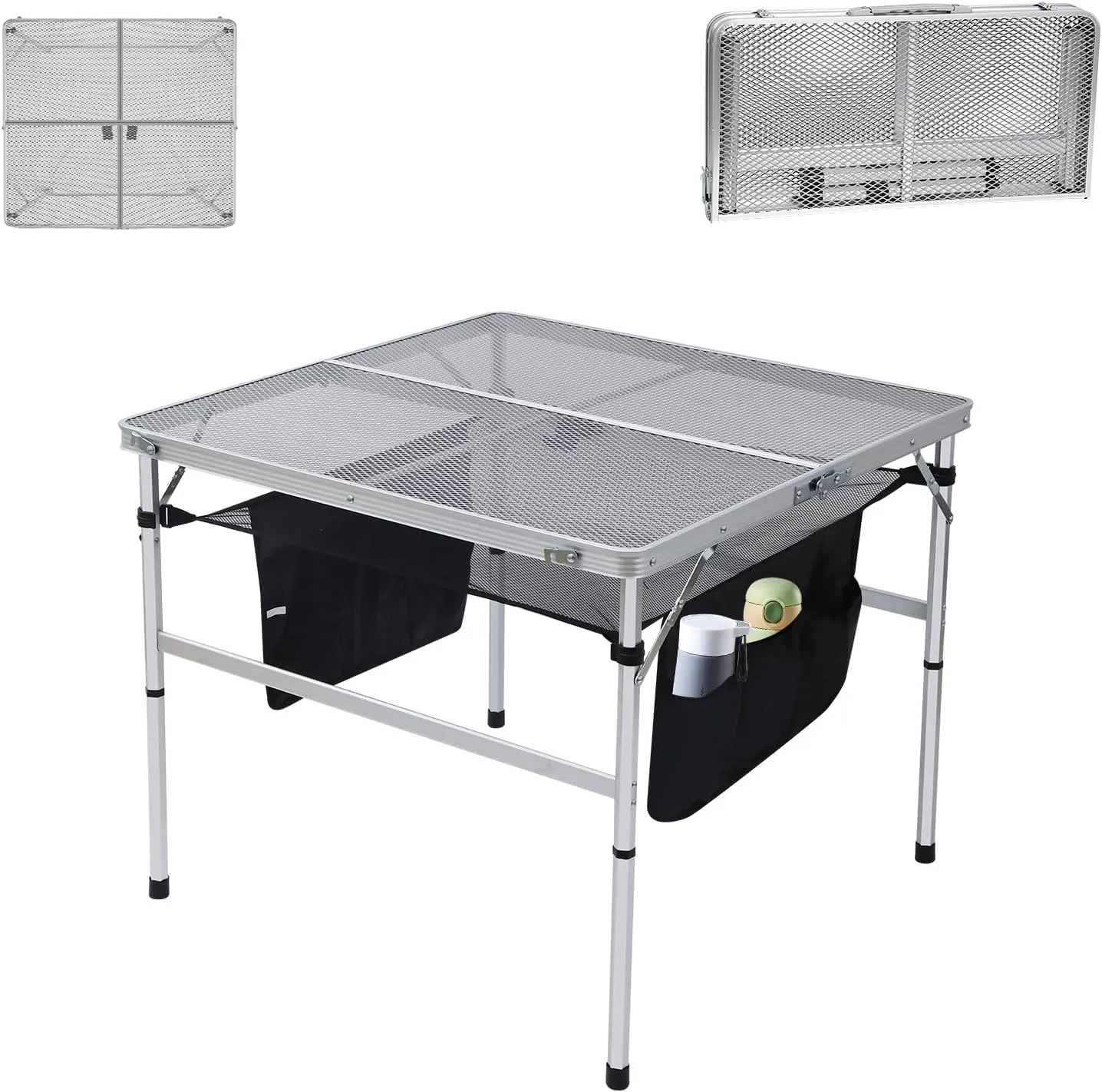 Nice C Square Table for Grill, Folding Table, Camping Table, Outdoor Table, Card Table, Height Adjustable, Mesh Bag Lightweight, Carry Handle, Aluminum (23.6"x23.6" White)