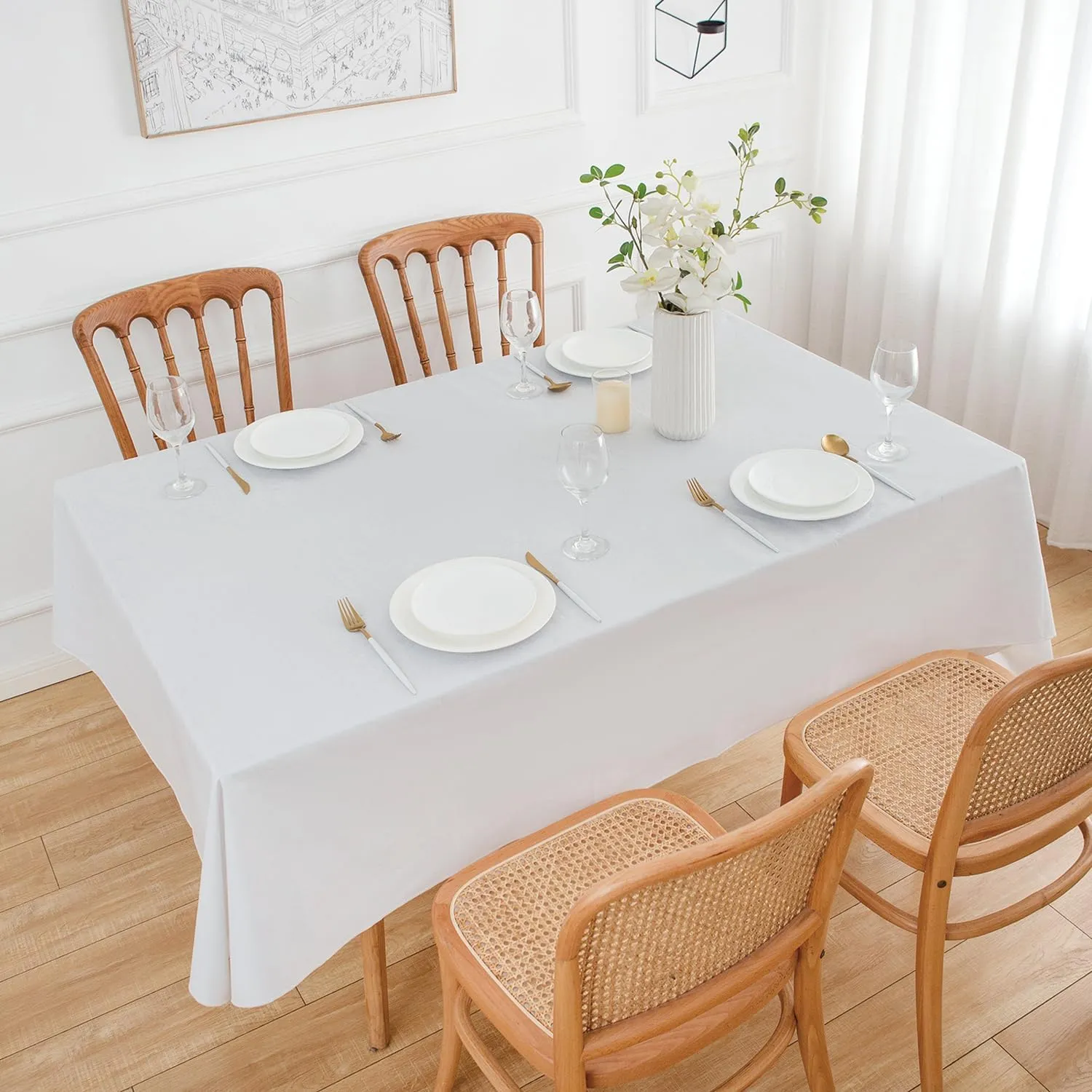 NLMUVW Vinyl Tablecloth with Flannel Backing 100% Waterproof Rectangle PVC Table Cloth Oil Proof Wipe Clean Table Cover for Dining Party Camping Outdoor, White, 60 X 140 Inch