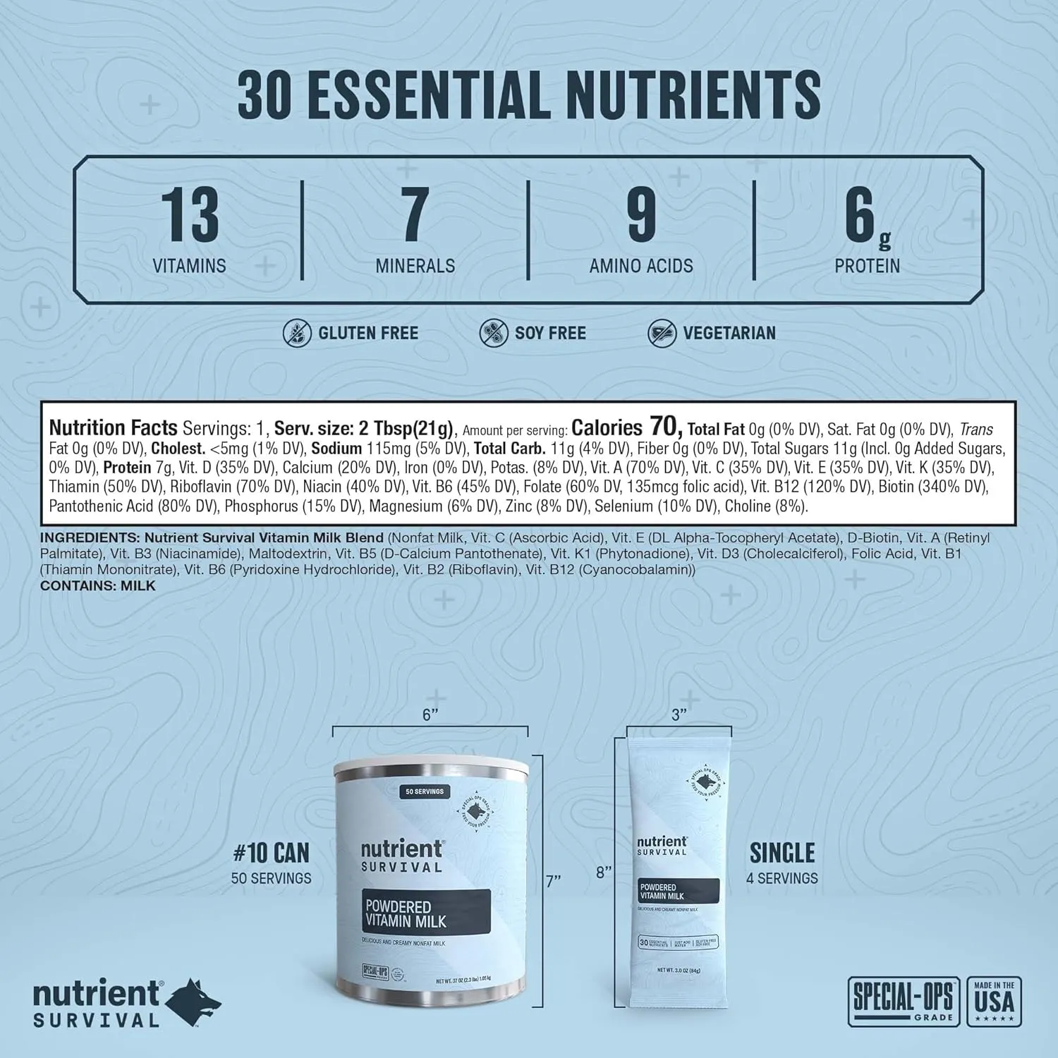 Nutrient Survival Vitamin Powdered Milk, Freeze Dried Prepper Supplies & Emergency Food Supply, 21 Essential Nutrients, Soy & Gluten Free, Shelf Stable Up to 25 Years, One Can, 50 Servings