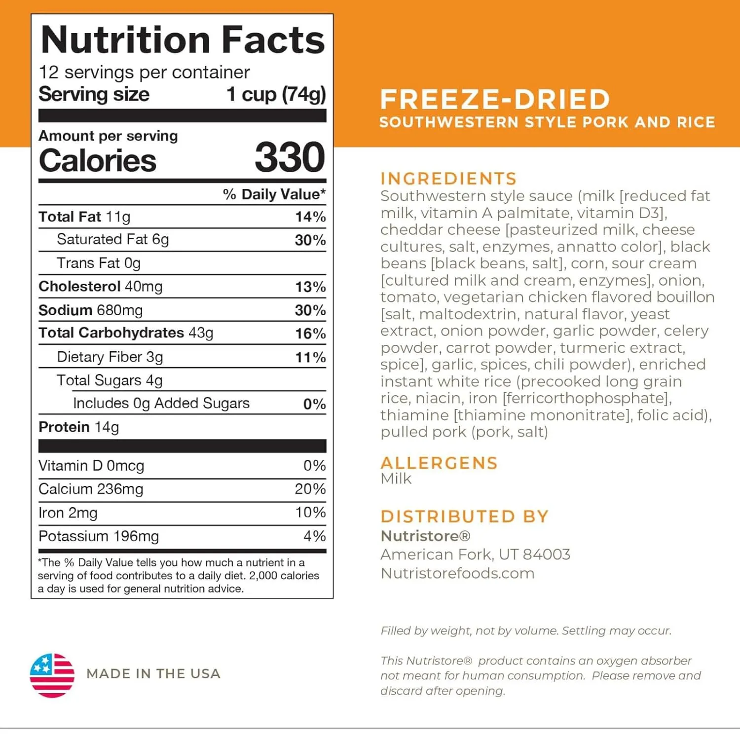 Nutristore Freeze-Dried Southwestern Style Pork and Rice | Emergency Survival Bulk Food Storage Meal | Perfect for Everyday Meals and Long-Term Storage | 25 Year Shelf Life | USDA Inspected (1-Pack)