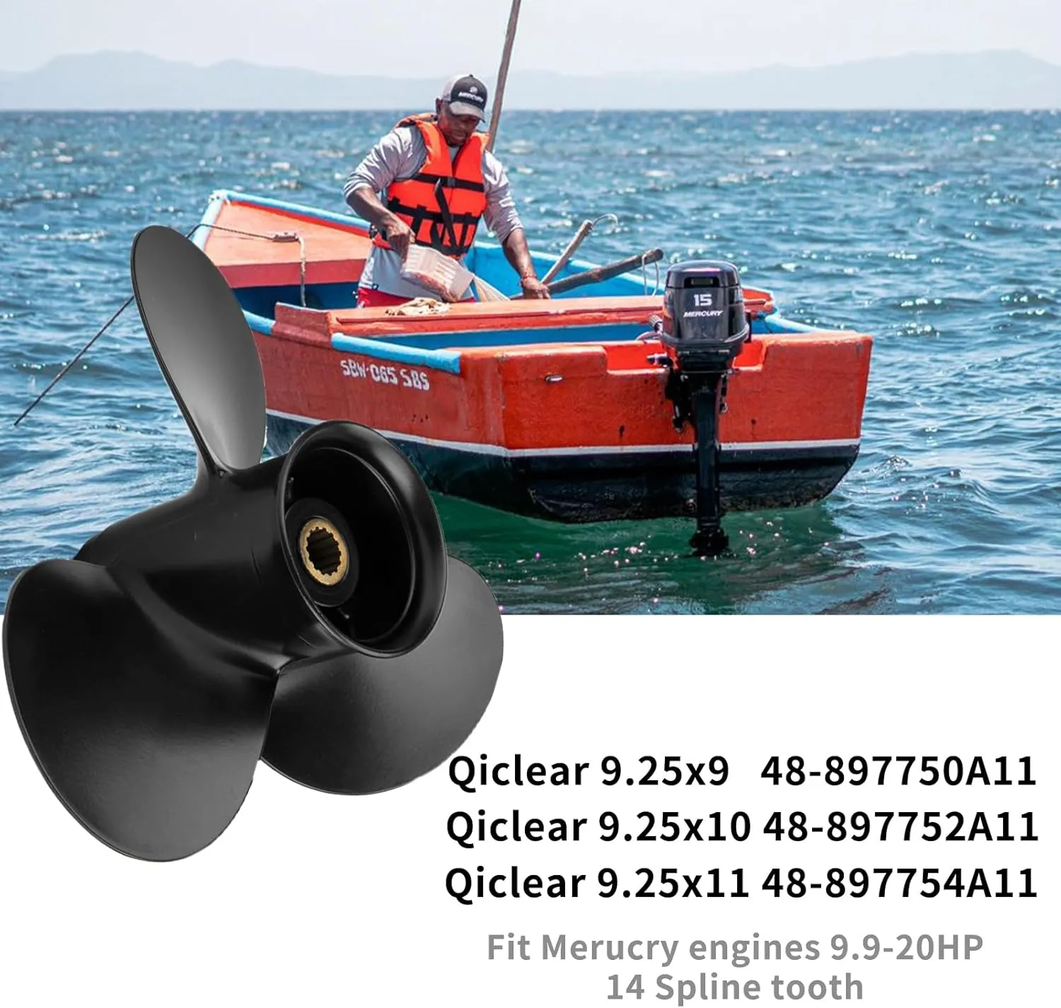 OEM Upgrade 9.25 x 9 &10&11 Pitch 14 Spline Tooth Aluminum Boat Propeller fit Mercury Outboard Motos 9.9/15/20HP &Tohatsu Motos 9.9/12/15/18HP/20HP,NSM NSF MFS, 2-1/2" Gearcase,Rh