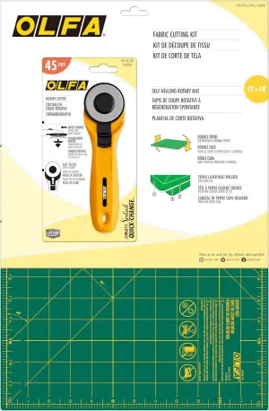 OLFA Fabric Cutting Kit (RTY-2CYEL/ST-01) - 12" x 18" Self Healing Rotary Cutting Mat (ST-01) and 45mm Yellow Quick-Change Rotary Cutter (RTY-2/CYEL)
