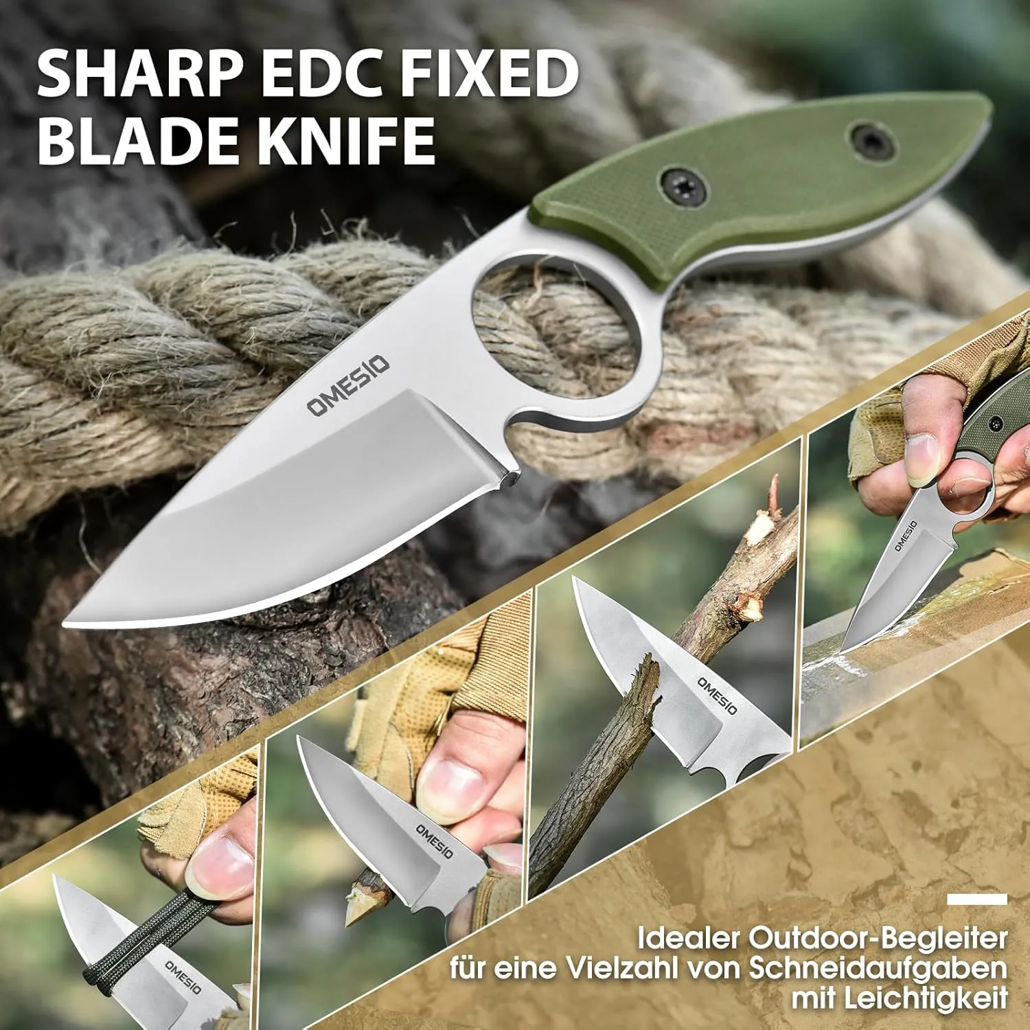 Omesio Neck Knife with Sheath and Necklace, 3.54" 5Cr13MoV Steel Small Compact EDC Fixed Blade Knife, G10 Handle Horizontal Carry Full Tang Tactical Hiking with Kydex Sheath Gift Box for Men