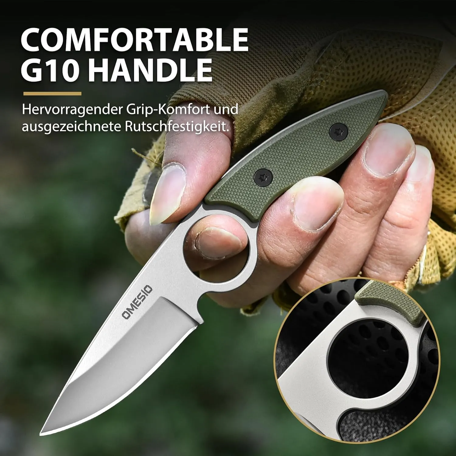 Omesio Neck Knife with Sheath and Necklace, 3.54" 5Cr13MoV Steel Small Compact EDC Fixed Blade Knife, G10 Handle Horizontal Carry Full Tang Tactical Hiking with Kydex Sheath Gift Box for Men