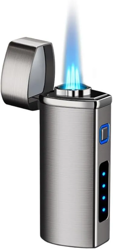 One Touch 3-Flame Butane Lighter with Electronic Firing Triple Jet Flame Flint Torch Lighter, Replacement Tools, Refillable Windproof Butane Lighter with Large Fuel Tank (Silver Brush)