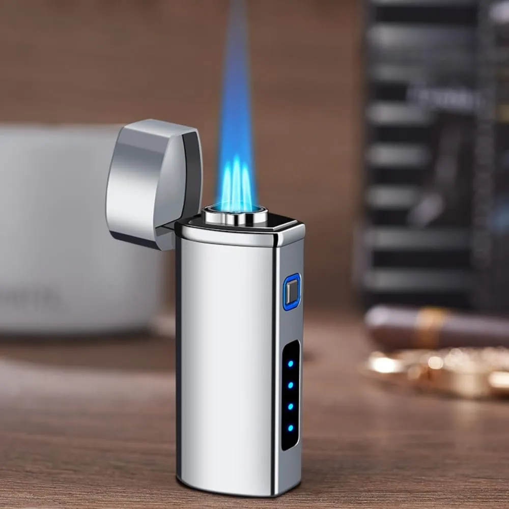 One Touch 3-Flame Butane Lighter with Electronic Firing Triple Jet Flame Flint Torch Lighter, Replacement Tools, Refillable Windproof Butane Lighter with Large Fuel Tank (Silver Brush)