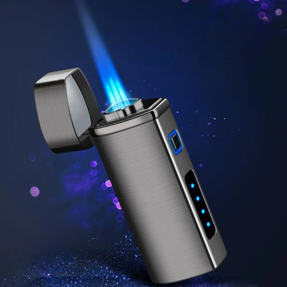 One Touch 3-Flame Butane Lighter with Electronic Firing Triple Jet Flame Flint Torch Lighter, Replacement Tools, Refillable Windproof Butane Lighter with Large Fuel Tank (Silver Brush)