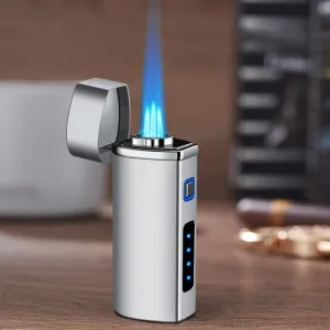 One Touch 3-Flame Butane Lighter with Electronic Firing Triple Jet Flame Flint Torch Lighter, Replacement Tools, Refillable Windproof Butane Lighter with Large Fuel Tank (Silver Brush)