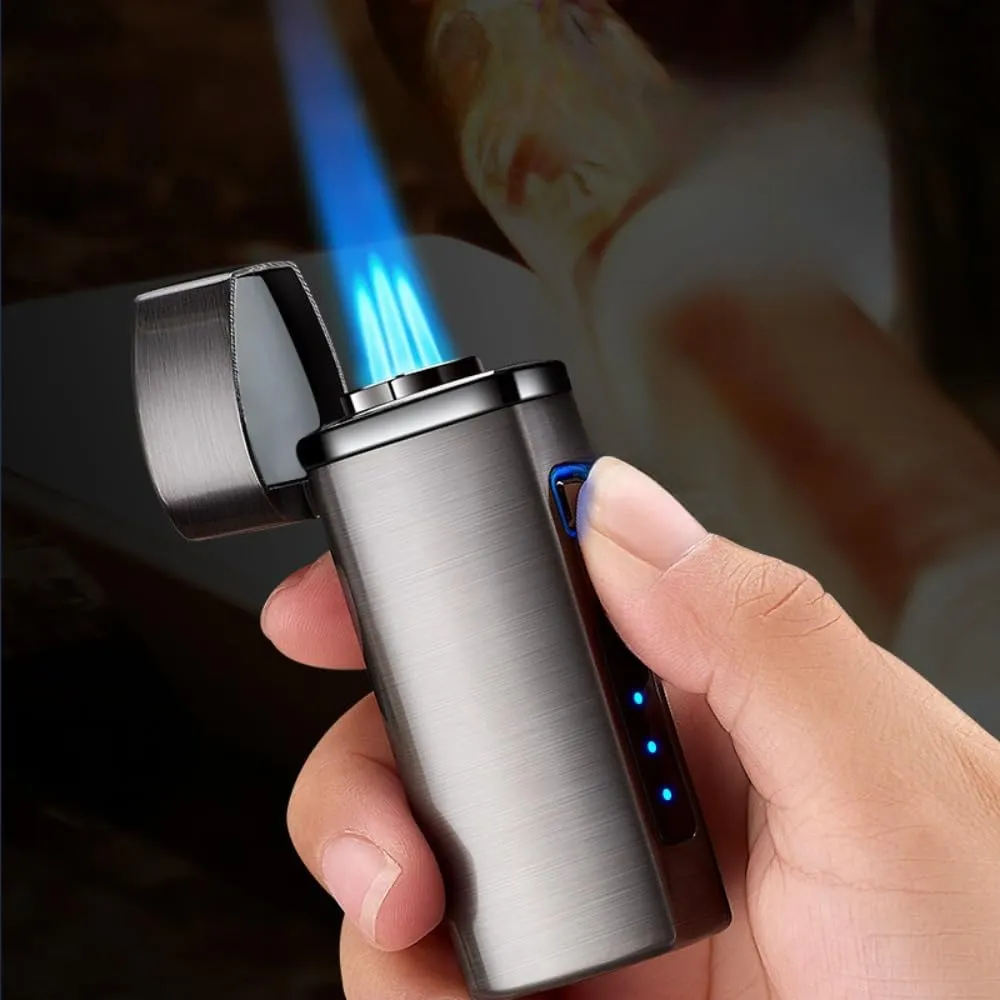 One Touch 3-Flame Butane Lighter with Electronic Firing Triple Jet Flame Flint Torch Lighter, Replacement Tools, Refillable Windproof Butane Lighter with Large Fuel Tank (Silver Brush)