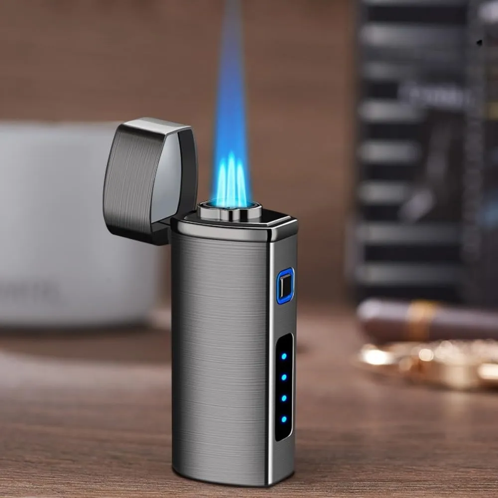 One Touch 3-Flame Butane Lighter with Electronic Firing Triple Jet Flame Flint Torch Lighter, Replacement Tools, Refillable Windproof Butane Lighter with Large Fuel Tank (Silver Brush)