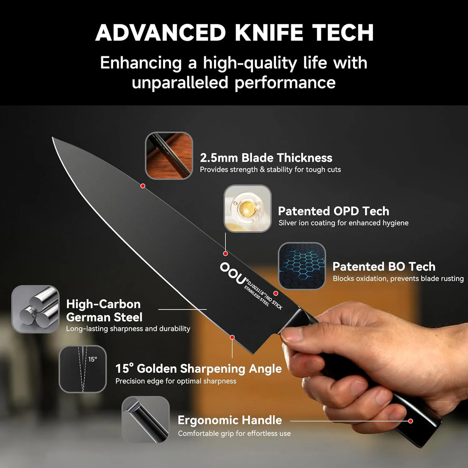 OOU Knife Set with Block and Sharpener, 6 Pcs High Carbon German Steel Kitchen Knife Set with Universal Knife Holder, Dishwasher Safe Knife Set for Small Kitchen, Space-Saving, Anti-Rust