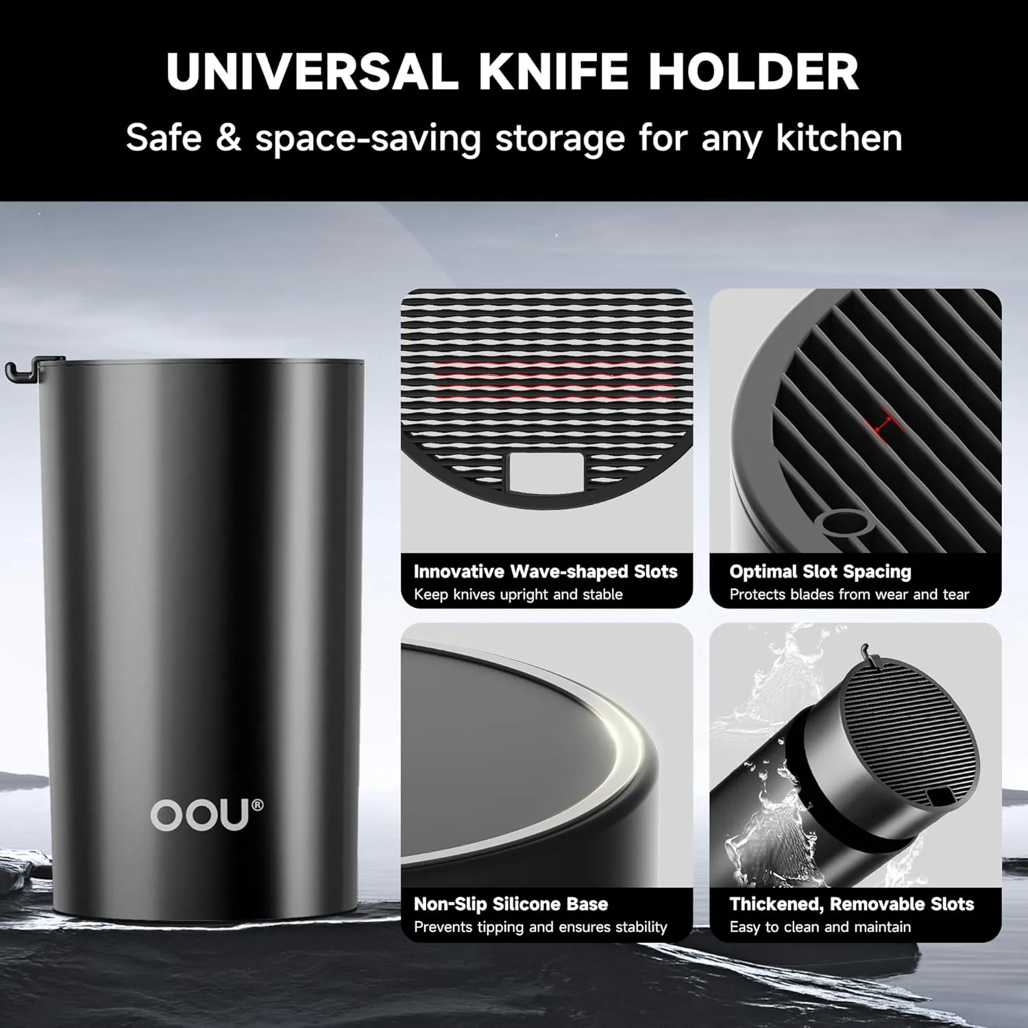 OOU Knife Set with Block and Sharpener, 6 Pcs High Carbon German Steel Kitchen Knife Set with Universal Knife Holder, Dishwasher Safe Knife Set for Small Kitchen, Space-Saving, Anti-Rust