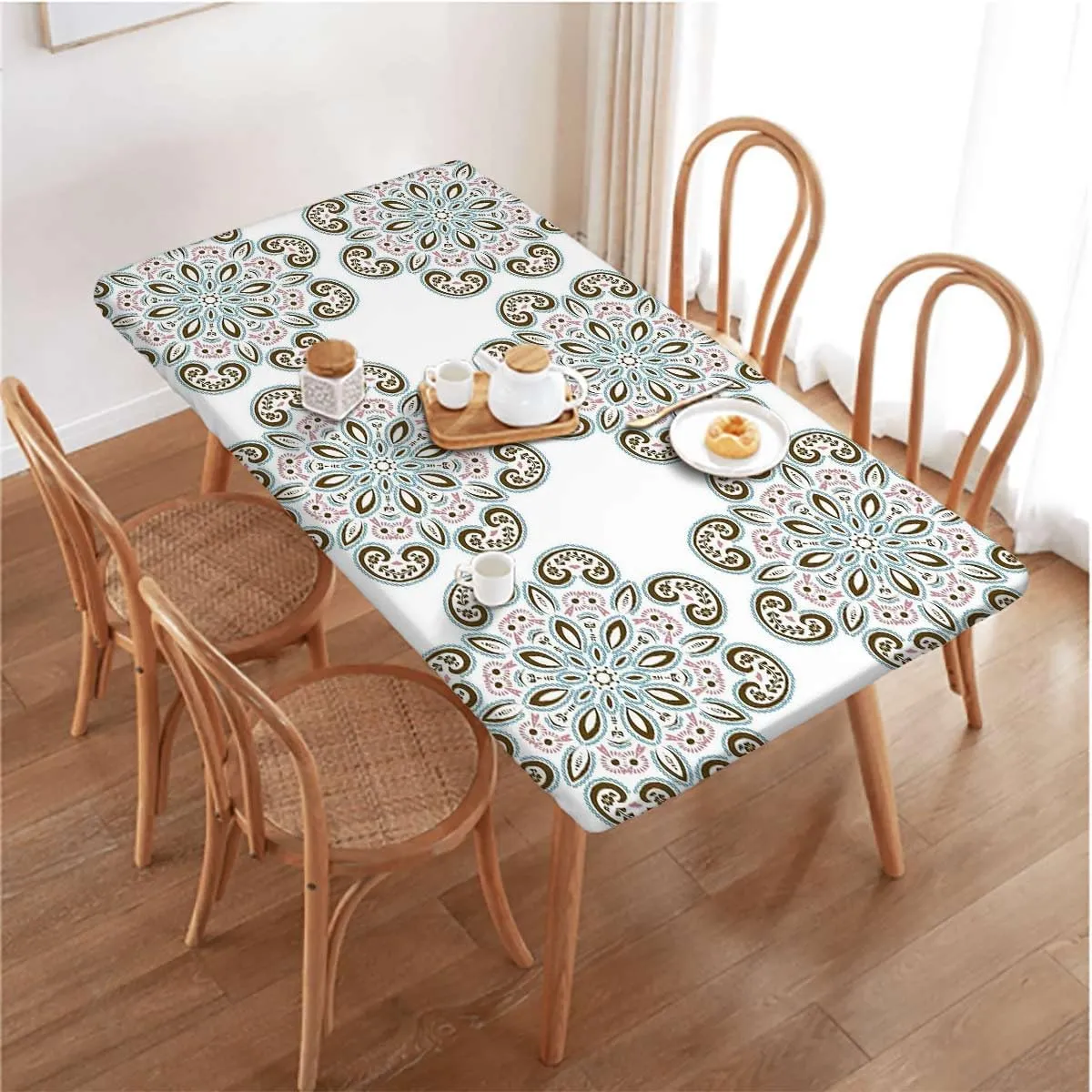 OOzie Black Grey Elastic Tablecloth for Indoors Outdoors Ceramic Tile Design Tropicalspired Table Cloth for Indoor Outdoor Picnic Parties Eastern Style Fits up 5 Foot Tables