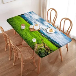 OOzie Green Blue Rectangle Elastic Fitted Tablecloth Spring Alpine Meadow Elastic Tablecloth for Rectangle Table for Outdoor Picnics Dining Holiday Agriculture Landscape Fits up 4 Foot Tables