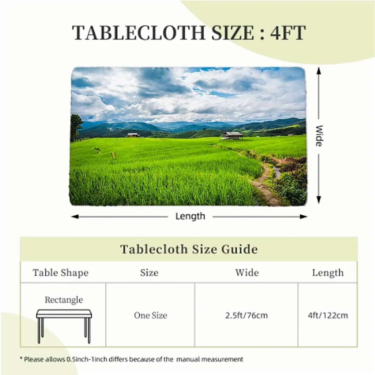 OOzie Green Blue Rectangle Elastic Fitted Tablecloth Spring Alpine Meadow Elastic Tablecloth for Rectangle Table for Outdoor Picnics Dining Holiday Agriculture Landscape Fits up 4 Foot Tables
