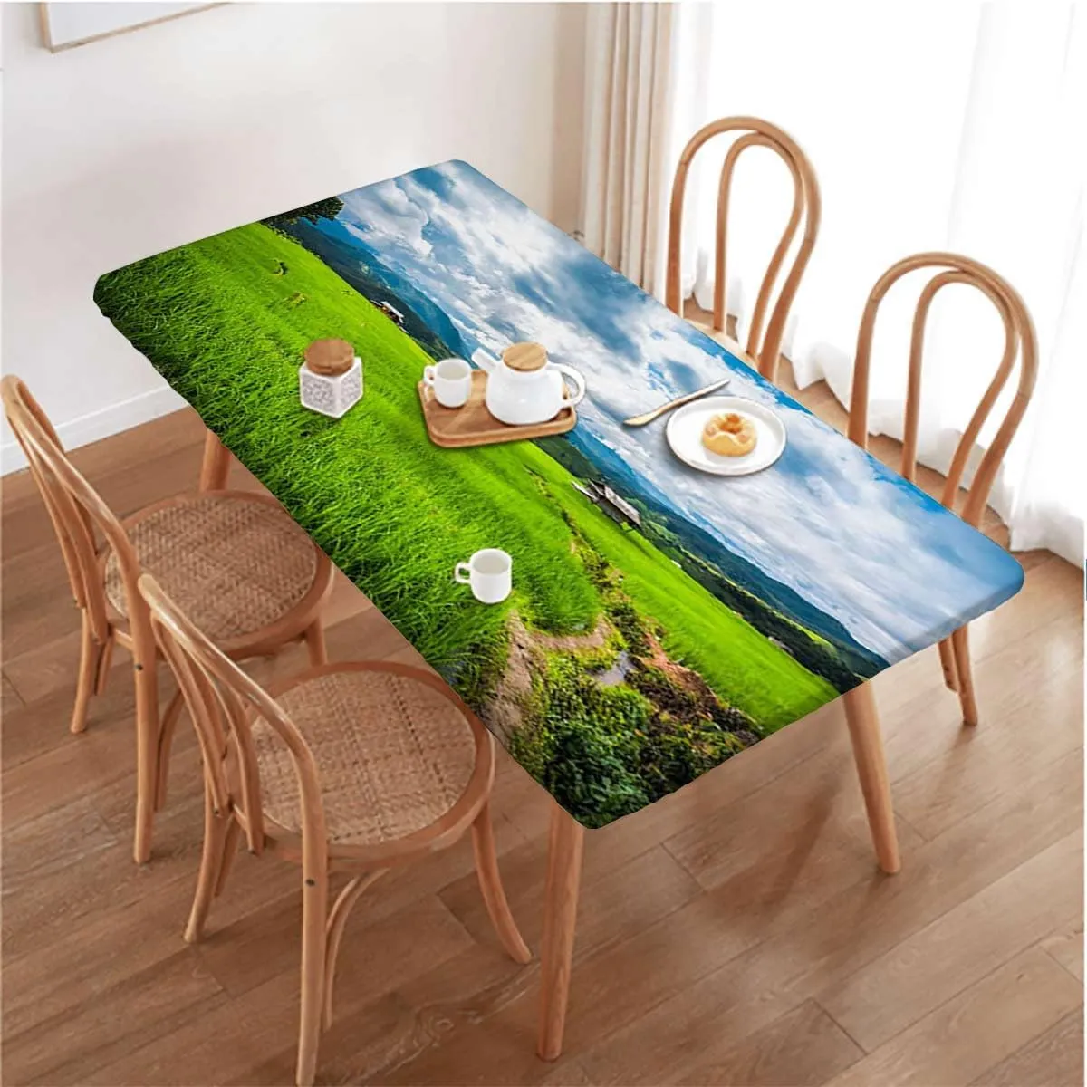 OOzie Green Blue Rectangle Elastic Fitted Tablecloth Spring Alpine Meadow Elastic Tablecloth for Rectangle Table for Outdoor Picnics Dining Holiday Agriculture Landscape Fits up 4 Foot Tables