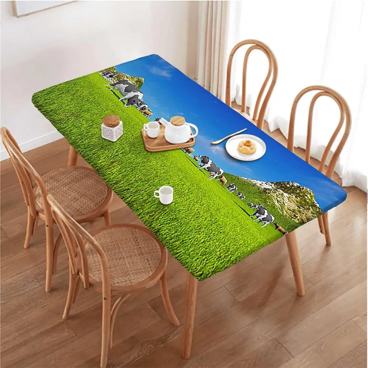 OOzie Green Blue Rectangle Tablecloth, Spring Alpine Meadow Washable Picnic Table Cover Indoor Outdoor Elastic Tablecloth Agriculture Landscape Fits up 4 Foot Tables