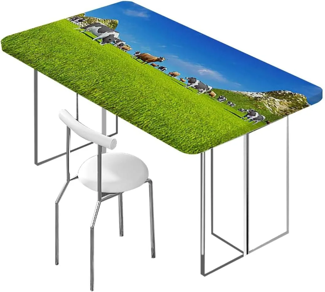OOzie Green Blue Rectangle Tablecloth, Spring Alpine Meadow Washable Picnic Table Cover Indoor Outdoor Elastic Tablecloth Agriculture Landscape Fits up 4 Foot Tables
