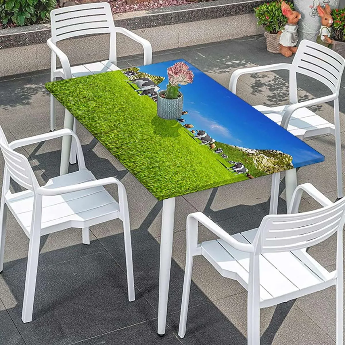 OOzie Green Blue Rectangle Tablecloth, Spring Alpine Meadow Washable Picnic Table Cover Indoor Outdoor Elastic Tablecloth Agriculture Landscape Fits up 4 Foot Tables