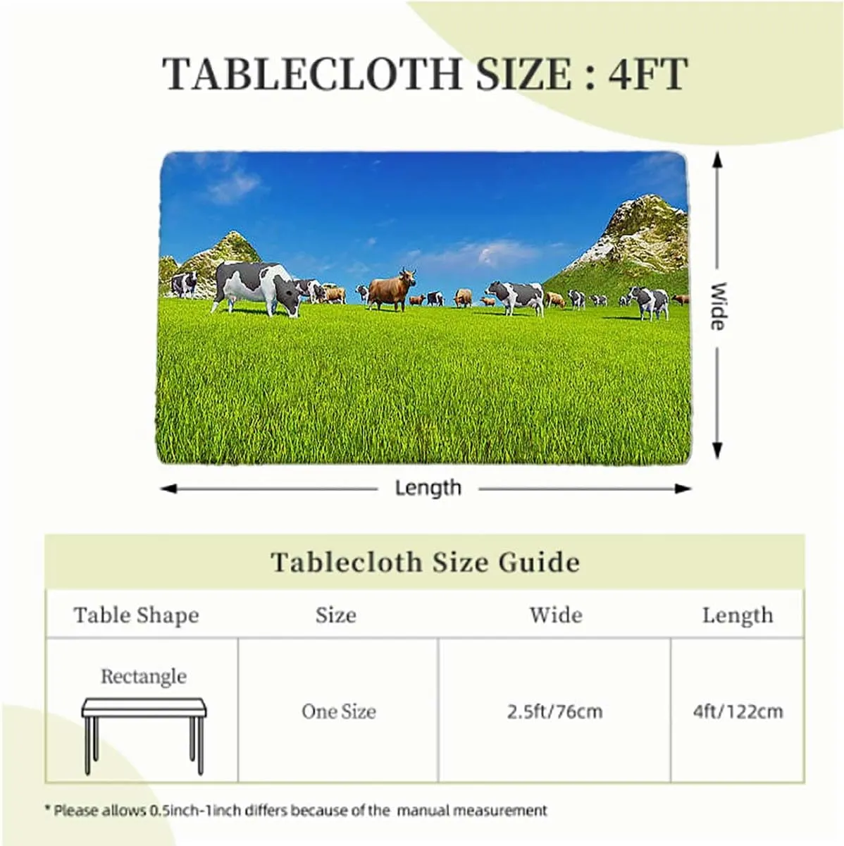OOzie Green Blue Rectangle Tablecloth, Spring Alpine Meadow Washable Picnic Table Cover Indoor Outdoor Elastic Tablecloth Agriculture Landscape Fits up 4 Foot Tables