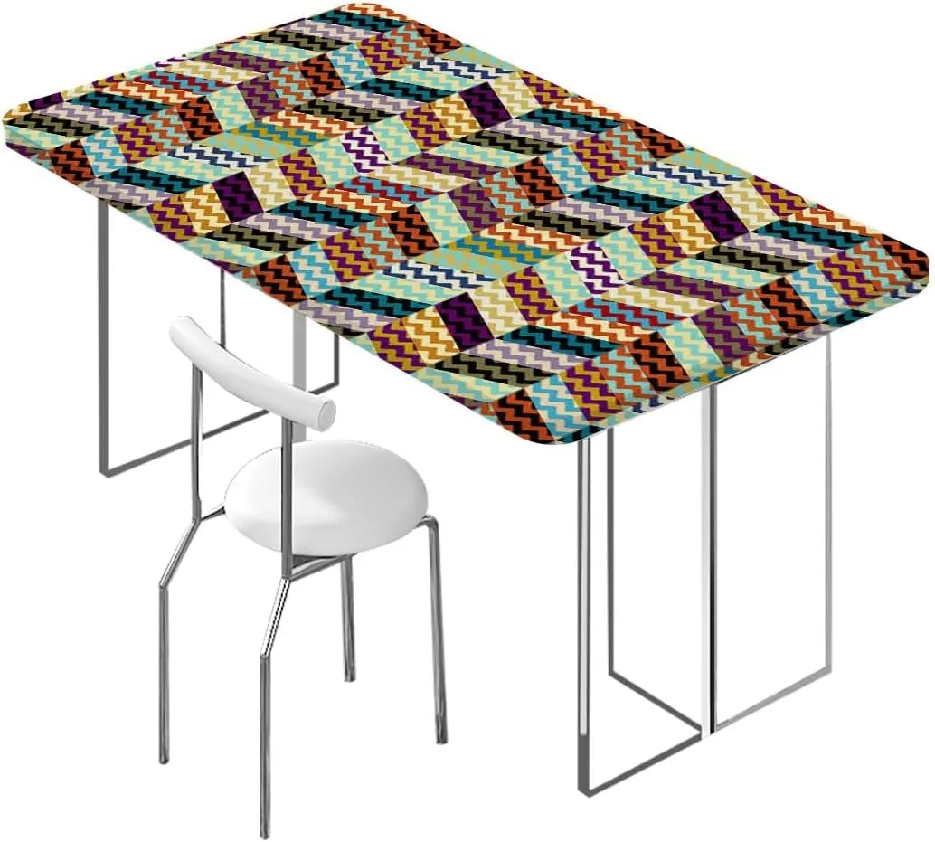 OOzie Multicolor Tablecloth Elastic Edge Fitted Colorful Arrow Geometric Patchwork Style Wooden Boards Oil Proof Waterproof Tablecloth for Picnic Party Abstract Fits up 5 Foot Tables
