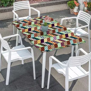 OOzie Multicolor Tablecloth Elastic Edge Fitted Colorful Arrow Geometric Patchwork Style Wooden Boards Oil Proof Waterproof Tablecloth for Picnic Party Abstract Fits up 5 Foot Tables