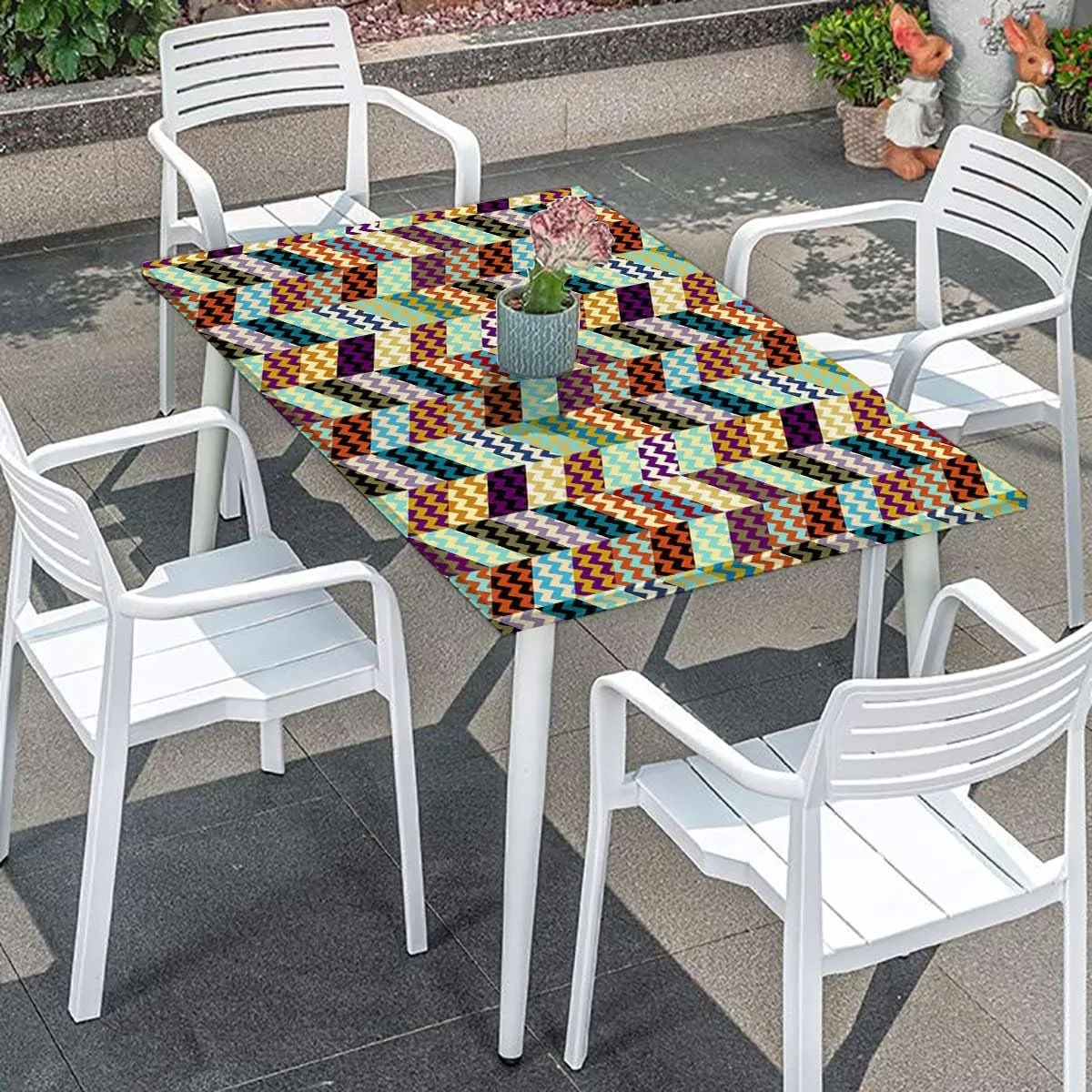 OOzie Multicolor Tablecloth Elastic Edge Fitted Colorful Arrow Geometric Patchwork Style Wooden Boards Oil Proof Waterproof Tablecloth for Picnic Party Abstract Fits up 5 Foot Tables