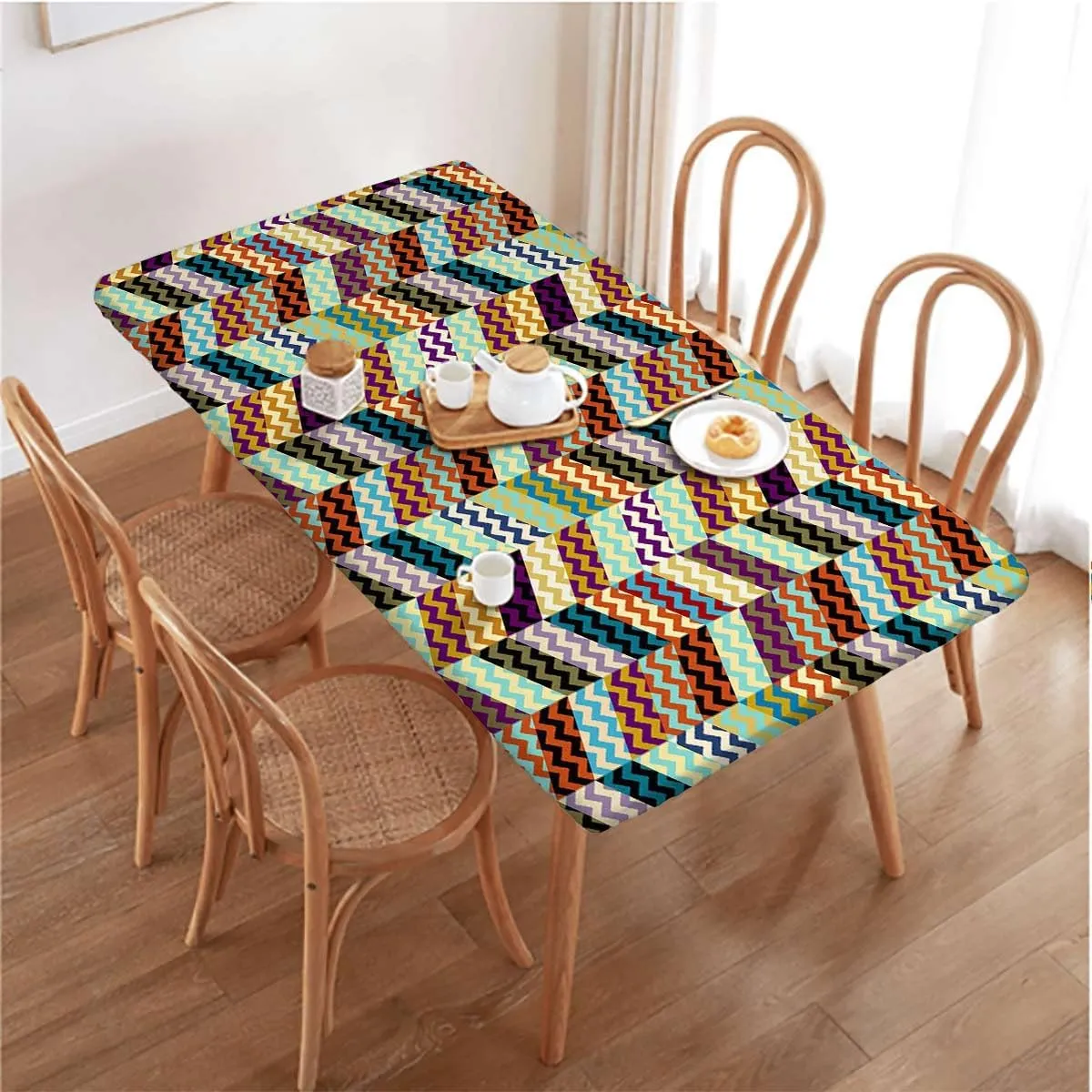 OOzie Multicolor Tablecloth Elastic Edge Fitted Colorful Arrow Geometric Patchwork Style Wooden Boards Oil Proof Waterproof Tablecloth for Picnic Party Abstract Fits up 5 Foot Tables
