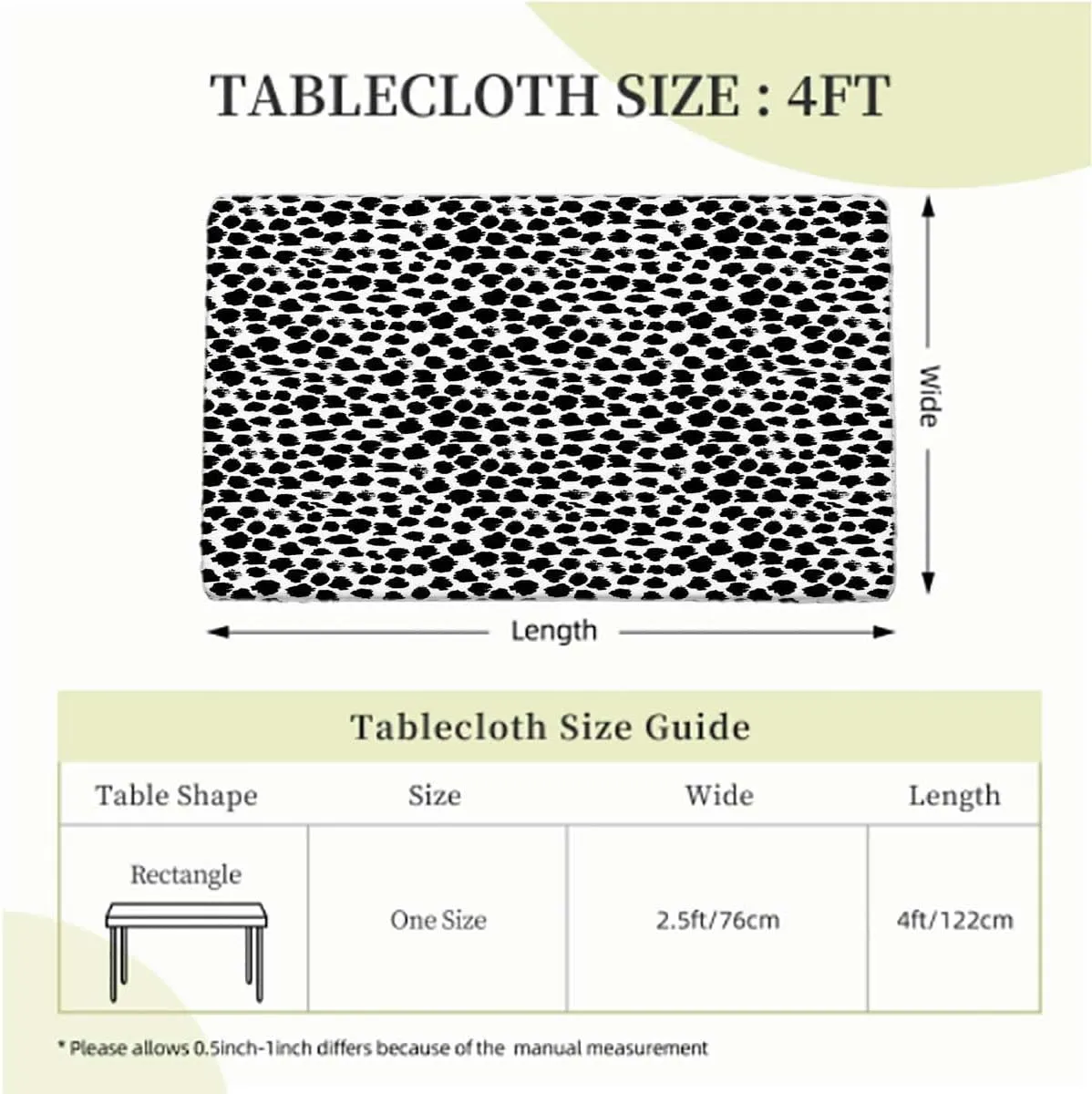 OOzie White Black Rectangle Table Cloth Cover, Black Spots Farm Life Cattle Camouflage Rectangular Fitted Picnic Folding Table Cover Outdoor tablecloths Cow Print Fits up 4 Foot Tables