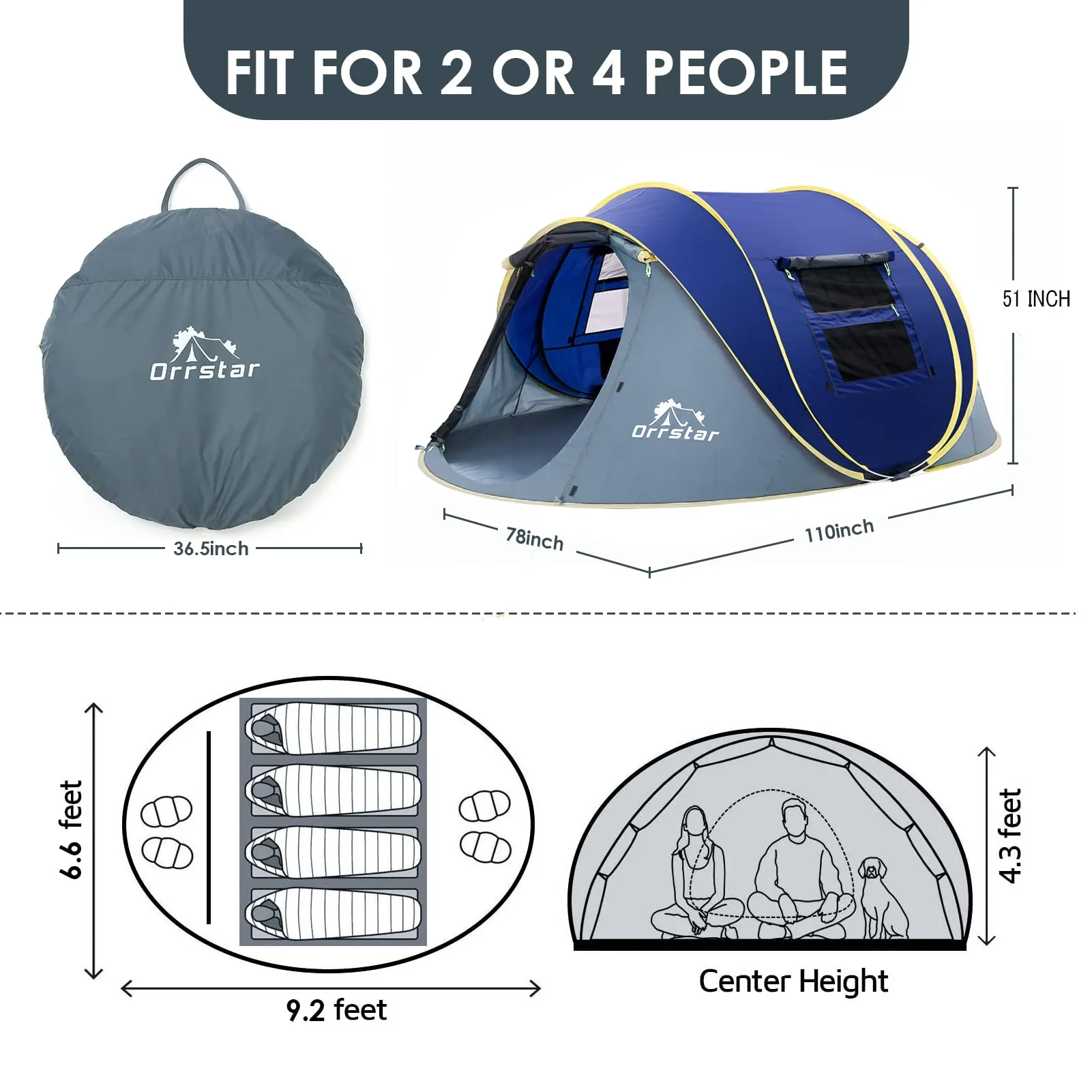 Orrstar Pop Up Tents for Camping 4 Person Waterproof Pop Up Tent Easy Up Setup Camping Tent 4 People 2 Big Doors Instant Tent Family Darkblue Tent