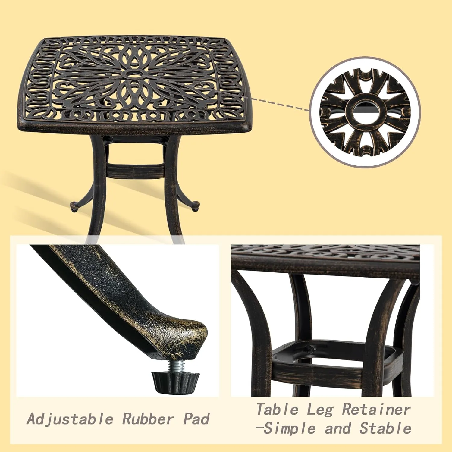 Outdoor Cast Aluminum Side Table End Table for Patio, Backyard, Pool, Indoor Companion, Easy Maintenance and Weather Resistant, Bronze