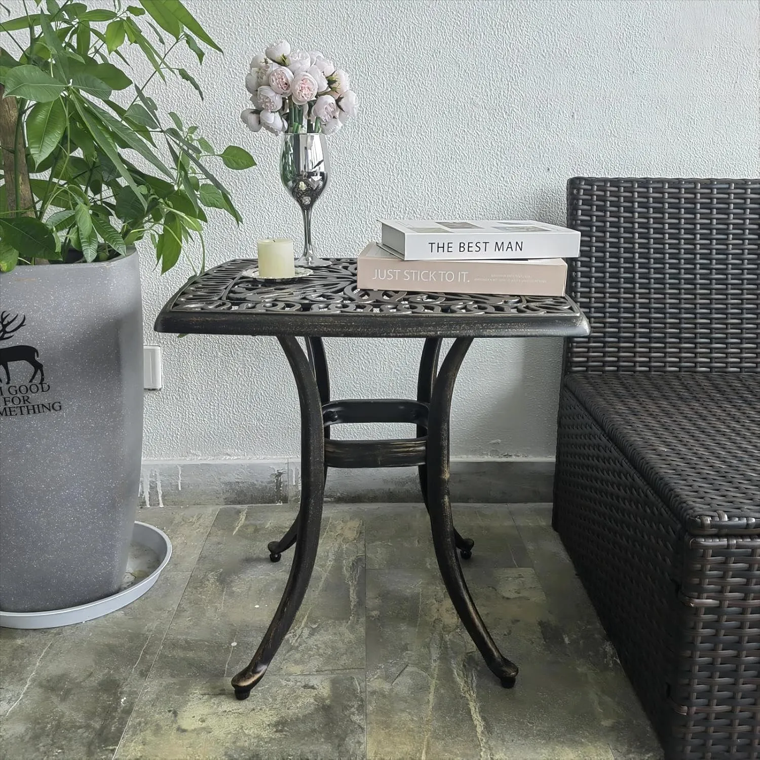 Outdoor Cast Aluminum Side Table End Table for Patio, Backyard, Pool, Indoor Companion, Easy Maintenance and Weather Resistant, Bronze